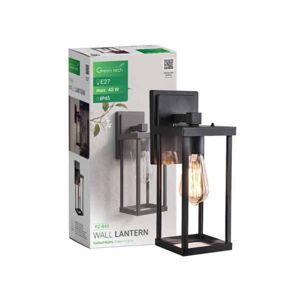 GREEN TECH Zidni fenjer Green Tech, E27 x 1, IP45, crna boja, aluminij + staklo - FZ-843