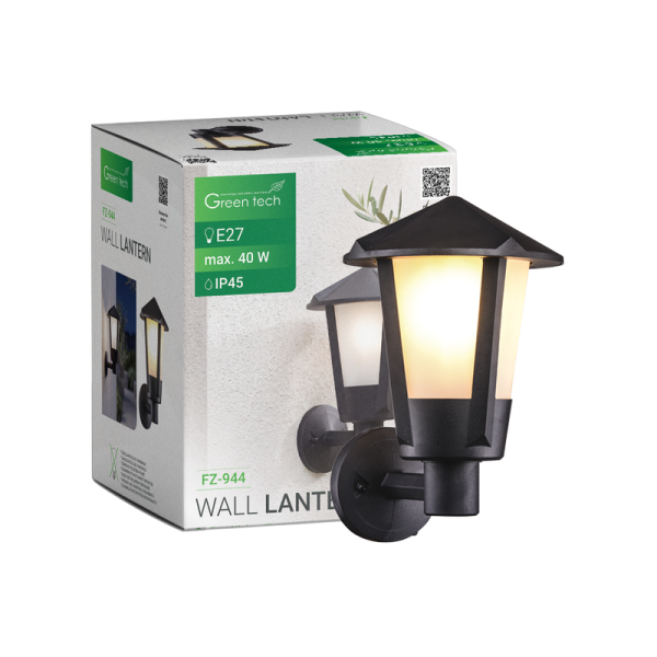 GREEN TECH Zidni fenjer Green Tech, E27 x 1, IP45, crna boja, aluminij + staklo - FZ-944