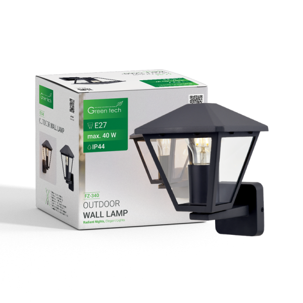 GREEN TECH Vanjska zidna svjetiljka Green Tech, E27 x 1, IP44, crna boja, aluminij + staklo - FZ-340