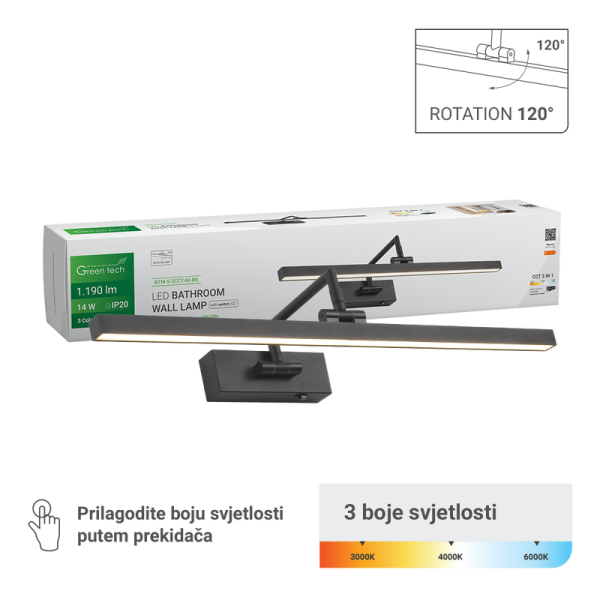 GREEN TECH LED kupaonska zidna lampa Green Tech, 14W, 1190 lm, 3CCT, IP20, crna, 60 cm - BTM-S-3CCT-60-BK